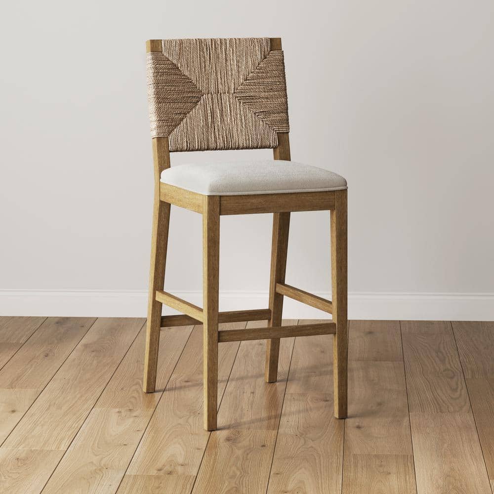 Beacon 29" Light Brown Rubberwood Bar Stool with Cream Boucle Seat