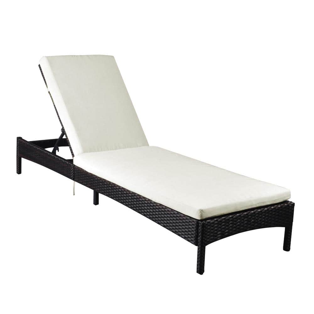 Wicker Outdoor Chaise Lounge Chair with White Cushions, Adjustable Patio Re