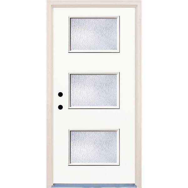 Builders Choice 36 in. x 80 in. Classic 3 Lite Rain Glass Painted Fiberglass Prehung Front Door with Brickmould