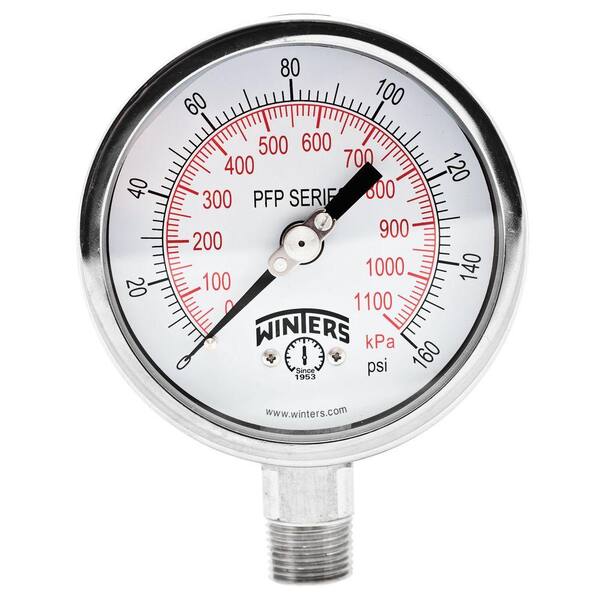 Winters Instruments PFP Series 4 in. Stainless Steel Liquid Filled Case Pressure Gauge with 1/2 in. NPT LM and Range of 0-160 psi/kPa