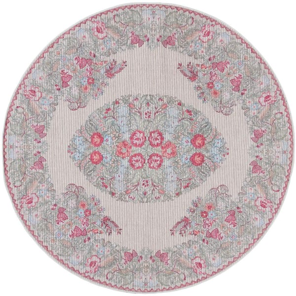 Besarabian Beige/Sage 7 ft. x 7 ft. Machine Washable Border Floral Round Area Rug