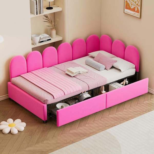 Harper & Bright Designs Rose Red Twin Size Wood and Metal Frame Velvet Daybed with 2 Drawers and Petaloid Backrest