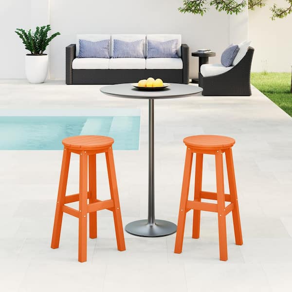 Laguna 29 in. HDPE Plastic All Weather Backless Round Seat Bar Height Outdoor Bar Stool in Orange (Set of 2)