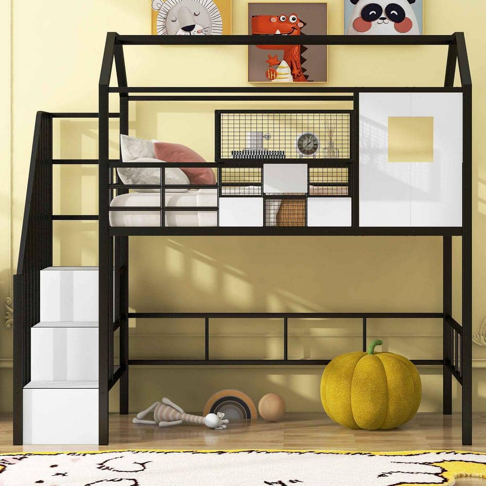 Polibi Metal Loft Bed with roof design and a storage box, Twin, Black