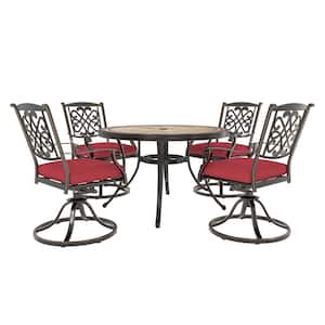 5-Piece Cast Aluminum Outdoor Dining Set Round Tile-Top Table and Flower-Shaped Backrest Swivel Chairs with Red Cushions