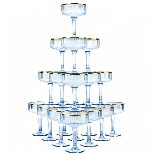4-Tier Plastic Champagne Tower Set, 7 oz. Blue Vertical Striped Coupe Glasses, 20 Pieces for Wedding and Party