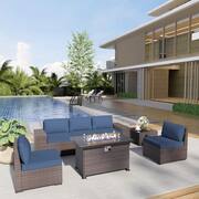 7-Piece Wicker Patio Conversation Set with 55000 BTU Gas Fire Pit Table and Glass Coffee Table and Navy Blue Cushions