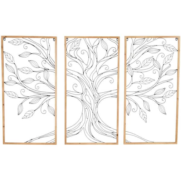Litton Lane 18 in. x 36 in. Wood and Metal Black Tree Wall Art Decor (Set of 3)