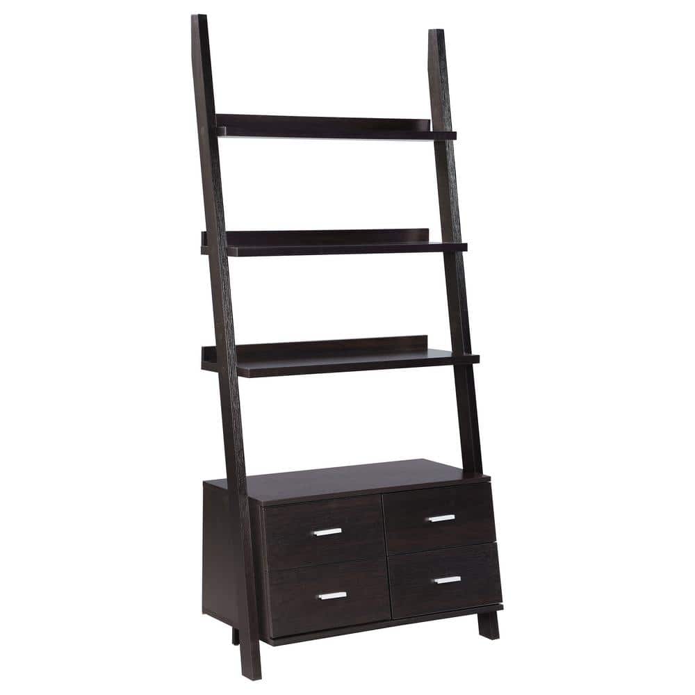 Cappuccino 69" MDF Ladder Bookcase with 4 Drawers