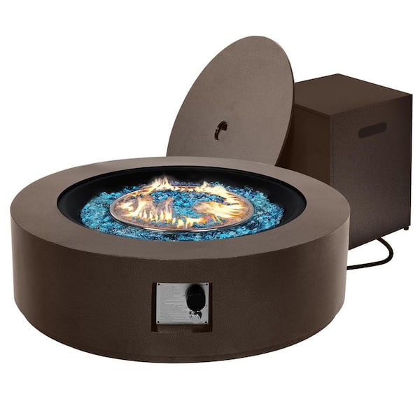 PATIO WATCHER 42 in. Round Iron Outdoor Fire Pit Table with Tank Cover, Lid and Rain Cover in Brown