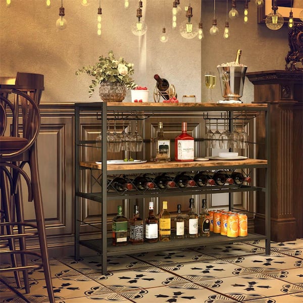 Costway 7-Bottle Brown 41 in. Wine Rack with 4-Glass Holders Wide Countertop Middle and Bottom Storage Shelves