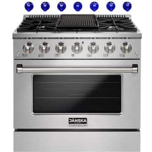 36 in. 5.2 cu. ft. Gas Range with 6-Burners, Convection Oven, Griddle in Stainless Steel with 2 Sets of Knobs