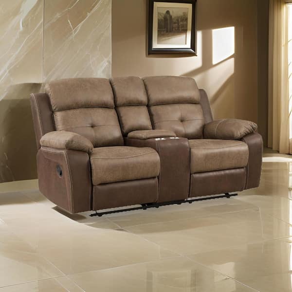 Benjara 39 in. Pillow Top Arm Microfiber Rectangle Recliner Loveseat Sofa in Brown