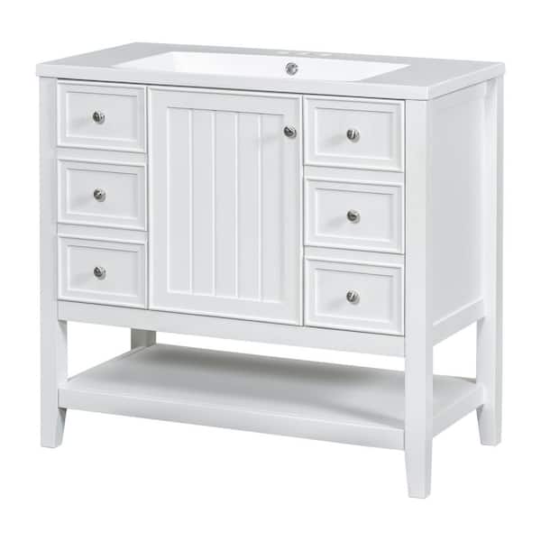 36 in. W x 18 in. D x 34.1 in. H Single Sink Freestanding White Bath Vanity with White Ceramic Top