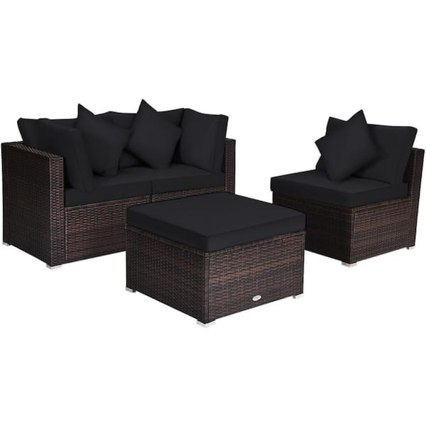Kadehome 4-Piece Rattan Wicker Outdoor Sectional Set with Removable Pillows and Black Cushions