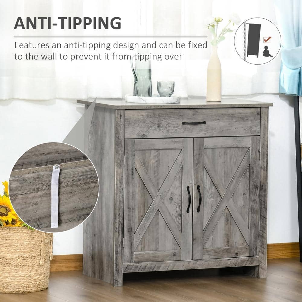 Gray Wash Rustic Farmhouse Barn Door Style Sideboard Cabinet