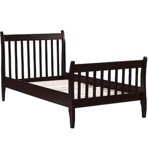 Espresso Twin Solid Wood Platfrom Bed with Headboard, Kids Brown Platform Bed with 10 Wood Slats, No Box Spring Needed