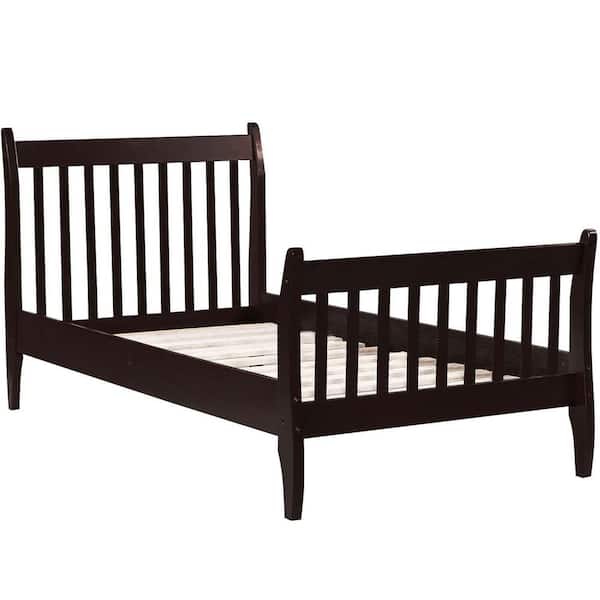 ANBAZAR Espresso Twin Solid Wood Platfrom Bed with Headboard, Kids Brown Platform Bed with 10 Wood Slats, No Box Spring Needed