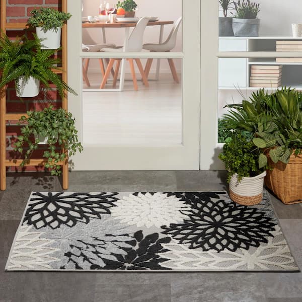 Aloha Black White 3 ft. x 5 ft. Floral Contemporary Indoor Outdoor Kitchen Area Rug