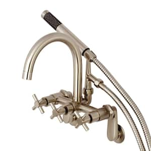 Modern Adjustable 3-Handle Wall-Mount Claw Foot Tub Faucet with Handshower in Brushed Nickel