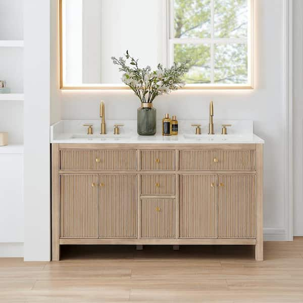 Cerrito 60 in. Double Sink Freestanding Nature Oak Bath Vanity with Grain White Engineered Stone Top Assembled