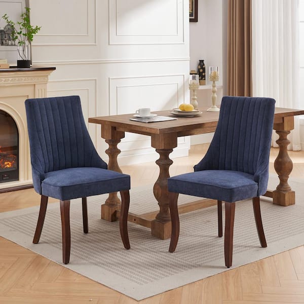 Noble House Vale Blue Modern Upholstered Linen Dining Chairs, Solid Wood Legs, Set of 2