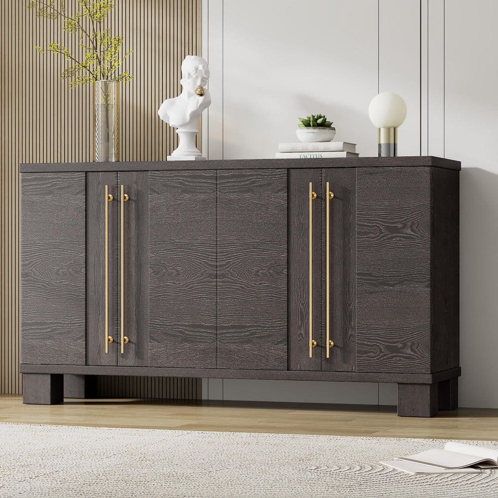 Retro-style Taupe Wood Top 60 in. Sideboard Buffet with 4-Door, Adjustable Shelves and Gold Handles