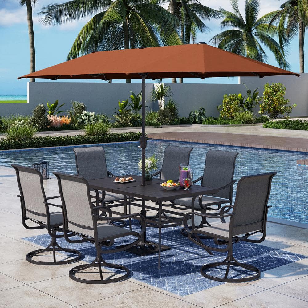 Black 8-Piece Metal Rectangle Patio Outdoor Dining Set with Table, Umbrella and Textilene Swivel Chairs price history on PriceWatchPro