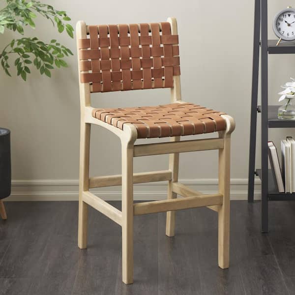 Litton Lane 39 in. Light Brown Mango Wood Woven Bar Stool with Light Brown Wood Frame with Backrest and Footrest