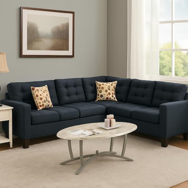 Benjara 32 in. 4-Piece Fabric L Shaped Sectional Sofa in Black with 2 Pillows