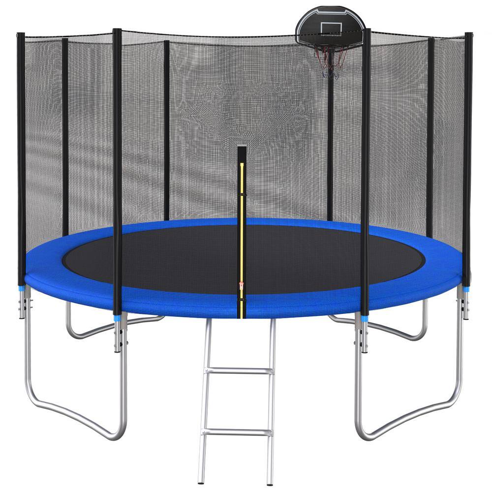 12 ft. Outdoor Round Blue Trampoline with Basketball Hoop