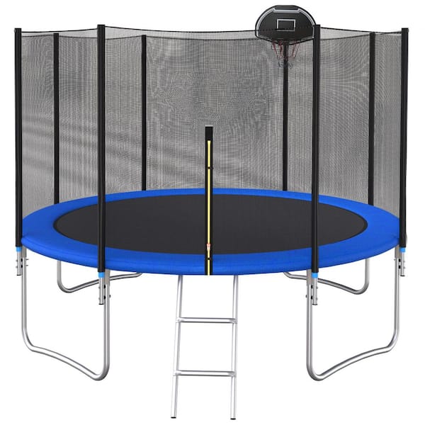 Unbranded 12 ft. Outdoor Round Blue Trampoline with Basketball Hoop