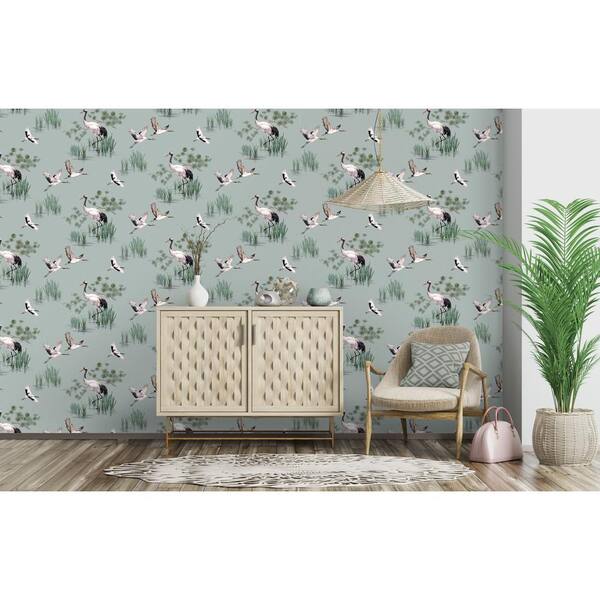 Walls Republic Cranes In Water Wallpaper Duck Egg Paper Strippable Roll Covers 57 Sq Ft R6485 The Home Depot