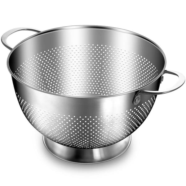 5 qt. Silver Stainless Steel Colander, Durable Rice and Pasta Strainer with Handle, Oversized Handles, Rust-Resistant