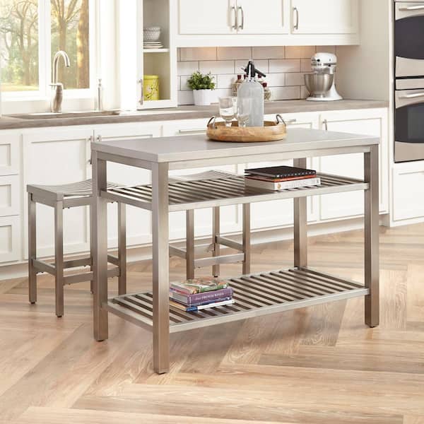 HOMESTYLES Brushed Satin Stainless Steel Kitchen Island with Bar Stools