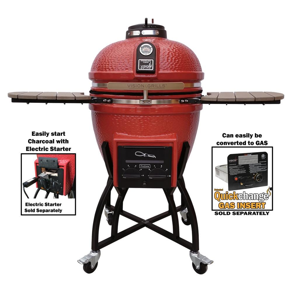 Vision Grills 22 in. Kamado S-Series Ceramic Charcoal Grill in Chili Red with Cover, Cart, Side Shelves, Cooking Grates, Ash Drawer S-CR4C1D1 - The Home Depot