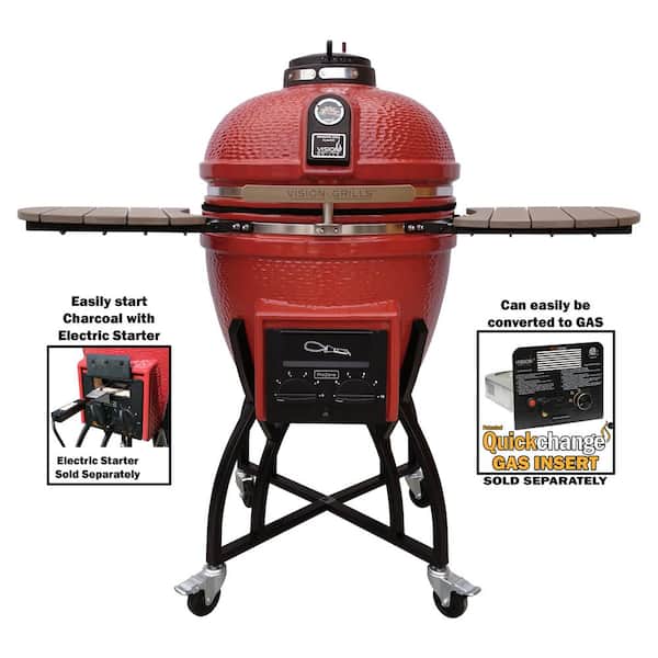 Vision Grills 22 in. Kamado S-Series Ceramic Charcoal Grill in Chili Red with Cover, Cart, Side Shelves, 2 Cooking Grates, Ash Drawer