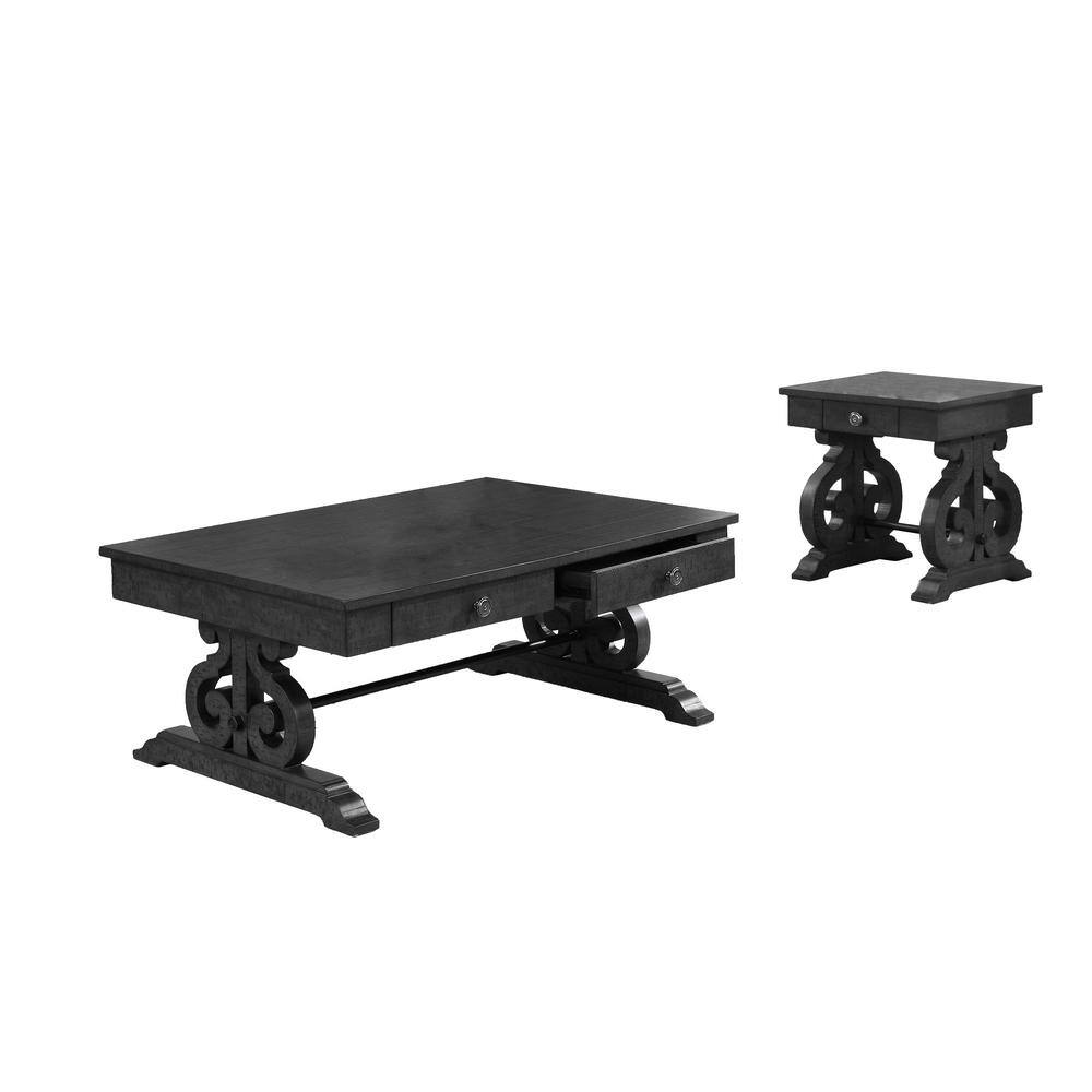 Rustic Dark Gray Wood Coffee & End Table Set with Shallow Drawers