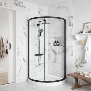 Breeze 34 in. L x 34 in. W x 76.97 in. H Corner Shower Kit with Clear Framed Sliding Door in Black and Shower Pan