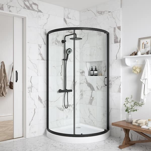 OVE Decors Breeze 34 in. L x 34 in. W x 76.97 in. H Corner Shower Kit with Clear Framed Sliding Door in Black and Shower Pan