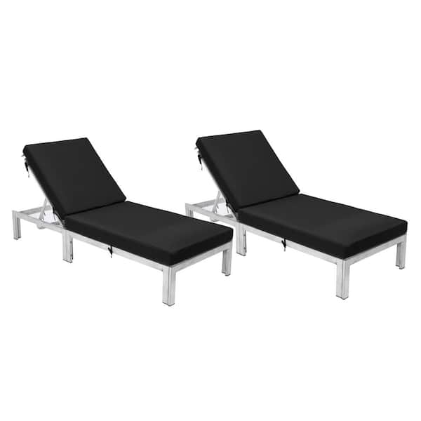 Leisuremod Chelsea Modern Weathered Grey Aluminum Outdoor Chaise Lounge Chair with Black Cushions Set of 2