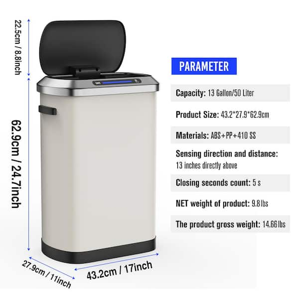 Intelligent Touchless Sensor Stainless Steel Trash Can 13 Gallon-White