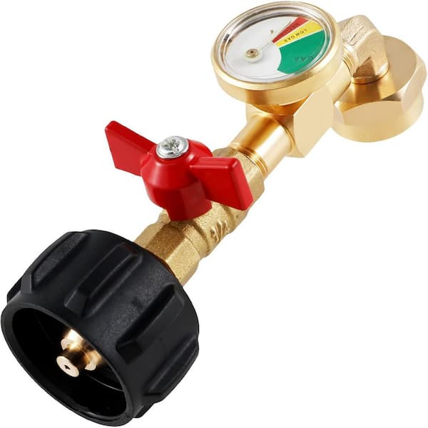 Propane Refill Adapter with Tank Gauge 90 Degree Elbow Solid Brass 1lb to 20lb Converter for Camping Grilling Tailgating