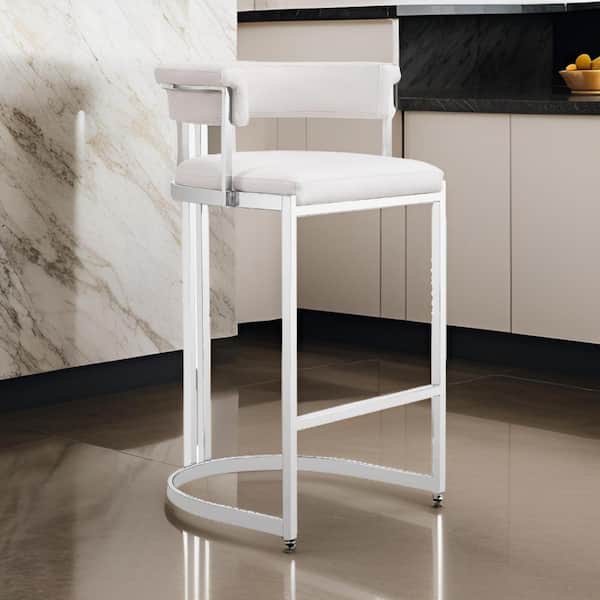 Benjara 27.2 in. White and Chrome Low Back Metal Frame Bar Stool with Faux Leather Seat
