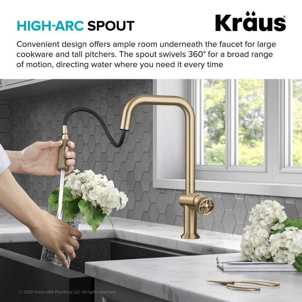 Brushed Gold Industrial Pull-Down Kitchen Faucet with Spray