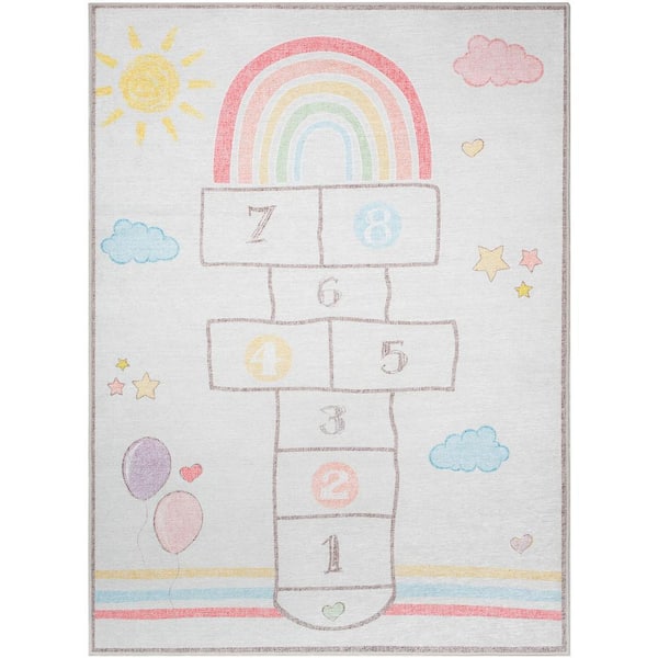 Hopscotch Rainbow Modern Kids Multi Beige 5 ft. x 7 ft. Machine Washable Flat-Weave Area Rug