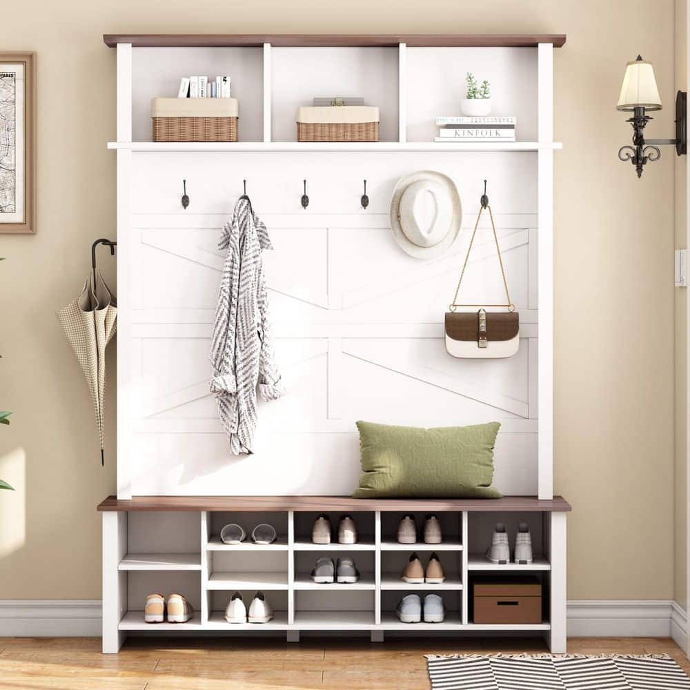 Harper & Bright Designs White 4-in-1 Farmhouse Hall Tree with 6