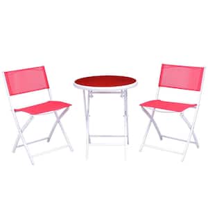 White 3-Piece Metal Outdoor Bistro Set in Red Seat
