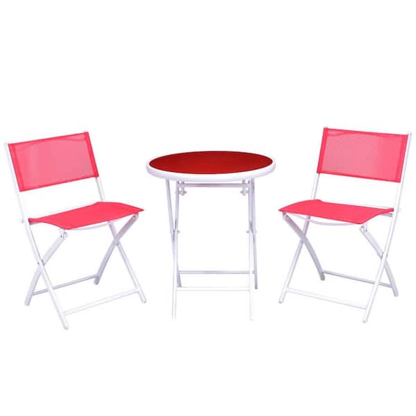 WELLFOR White 3-Piece Metal Outdoor Bistro Set in Red Seat
