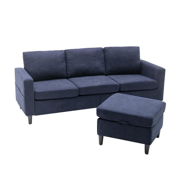 URTR 77.9 in. W Square Arm 2-Piece Linen L-Shaped Sectional Sofa Modern Living Room Sofa Set in Blue with Storage Ottoman